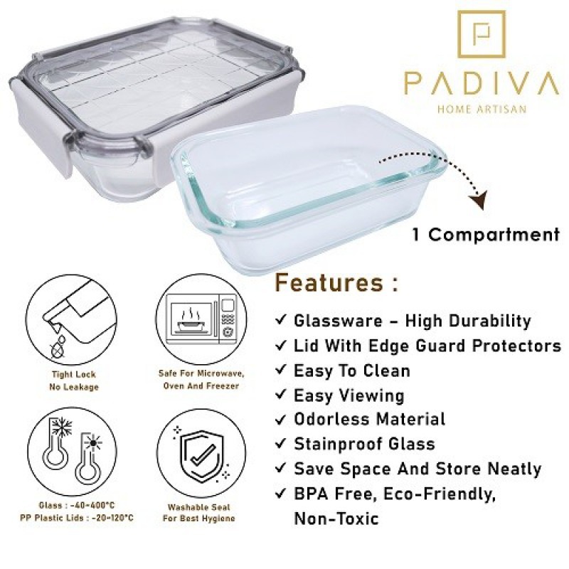 Padiva Glassbox Crystal 1 Compartment 1040 ml Glass Container 2 Pcs - Silver Grey
