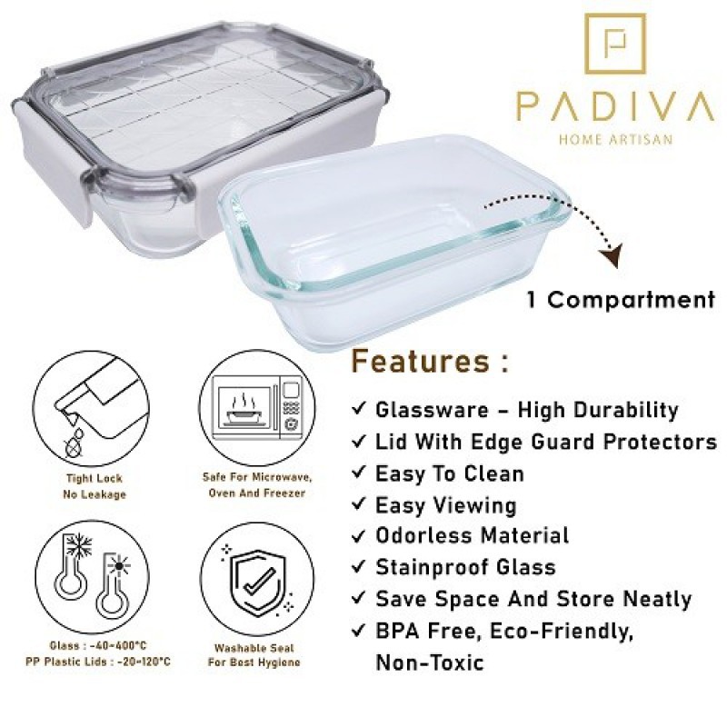 Padiva Glassbox Crystal 1 Compartment 640 ml Glass Container 2 Pcs - Silver Grey