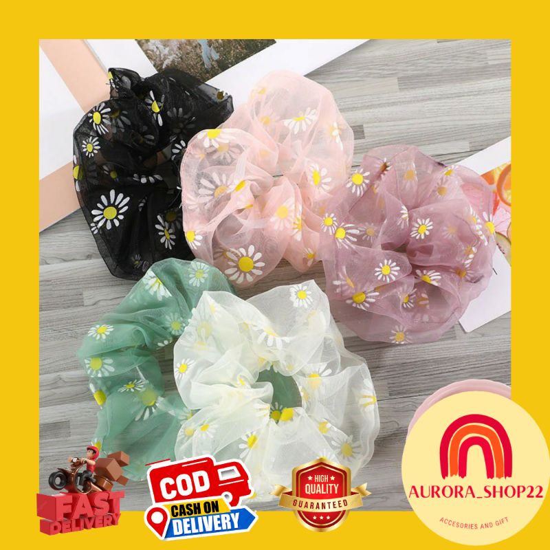 [COD] Ikat Rambut Transparan Gaya Korea Scrunchie Transparan Ala Korea Motif Bunga Ikat Rambut Import