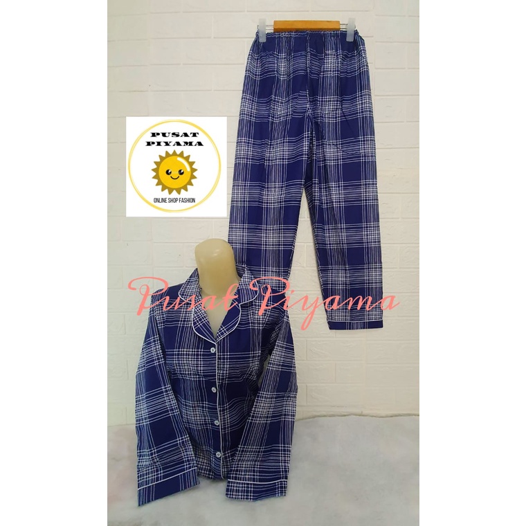 Setelan Lengan Pendek Piyama Baju Tidur Wanita Guilen Kotak Pajamas Cewek Dewasa Kekinian Abg-L Lgn Panjang Navi