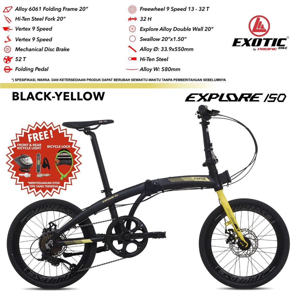 SEPEDA LIPAT EXOTIC EXPLORE 150 20” 9 SPEED FRAME ALLOY MECHANICAL DISC BRAKE BICYCLE FOLDING BIKE