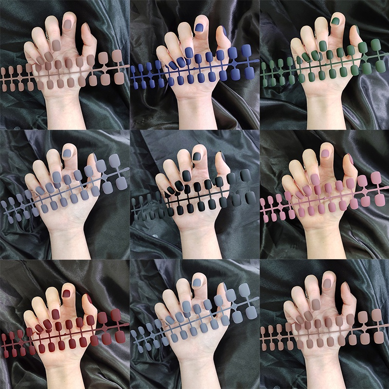 24pcs Kuku Palsu Warna Matte Bentuk Bulat Panjang Dapat Dilepas Untuk Nail Art