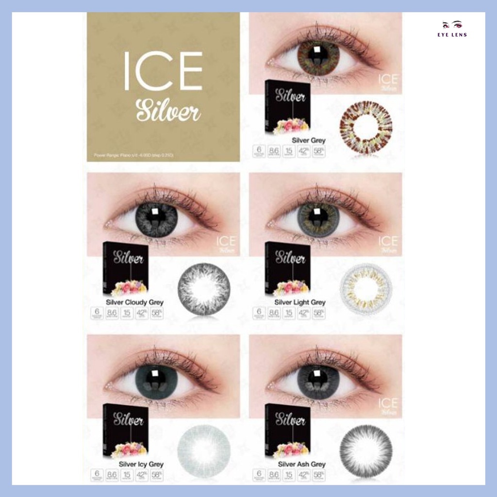 SOFTLENS ICE SILVER NORMAL &amp; MINUS -0.50 sd -3.00 FREE LENSCASE DIA 15 MM BY X2 EXOTICON CLOUDY GREY LIGHT GREY ASH GREY ICY GREY / Softlen Soflen Soflens