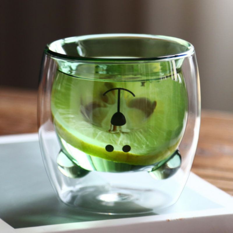 DOUBLE WALL BEAR GLASS KUNING HIJAU / GELAS KACA / GELAS LUCU