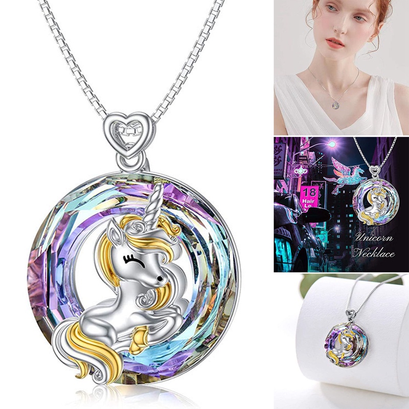 Fancyqube Kalung Liontin Unicorn Kristal Warna-Warni Untuk Wanita