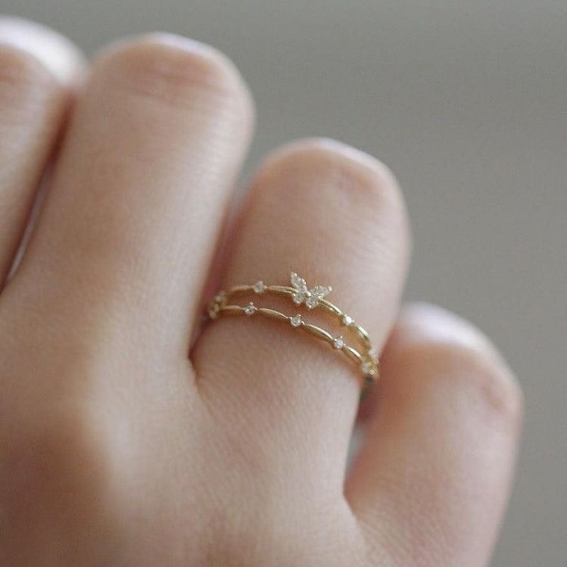 Cincin korea Model Terbuka Desain Kupu-Kupu Multilayer Aksen Berlian Bahan Zirkon Gaya Vintage Untuk Wanita
