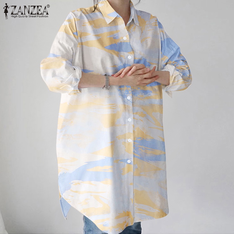 ZANZEA Spring Women Blouse Turn Down Collar Printed Full Sleeve Casual Holiday Daily Shirt