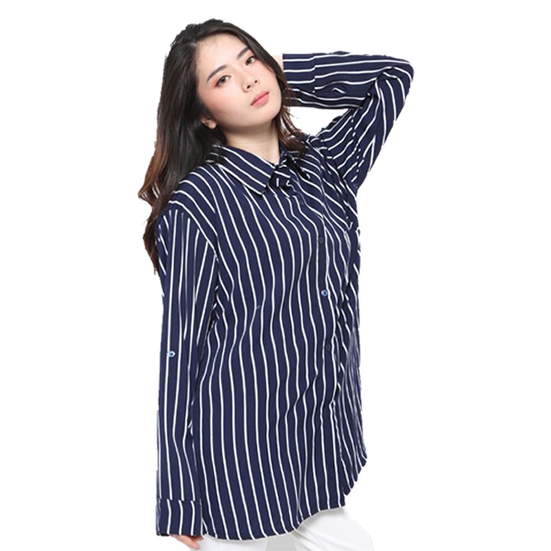 Kemeja Wanita Salur Atasan Blouse Monalisa Stripe Lengan Panjang Korean Style Motif Garis Garis Wolfis-4