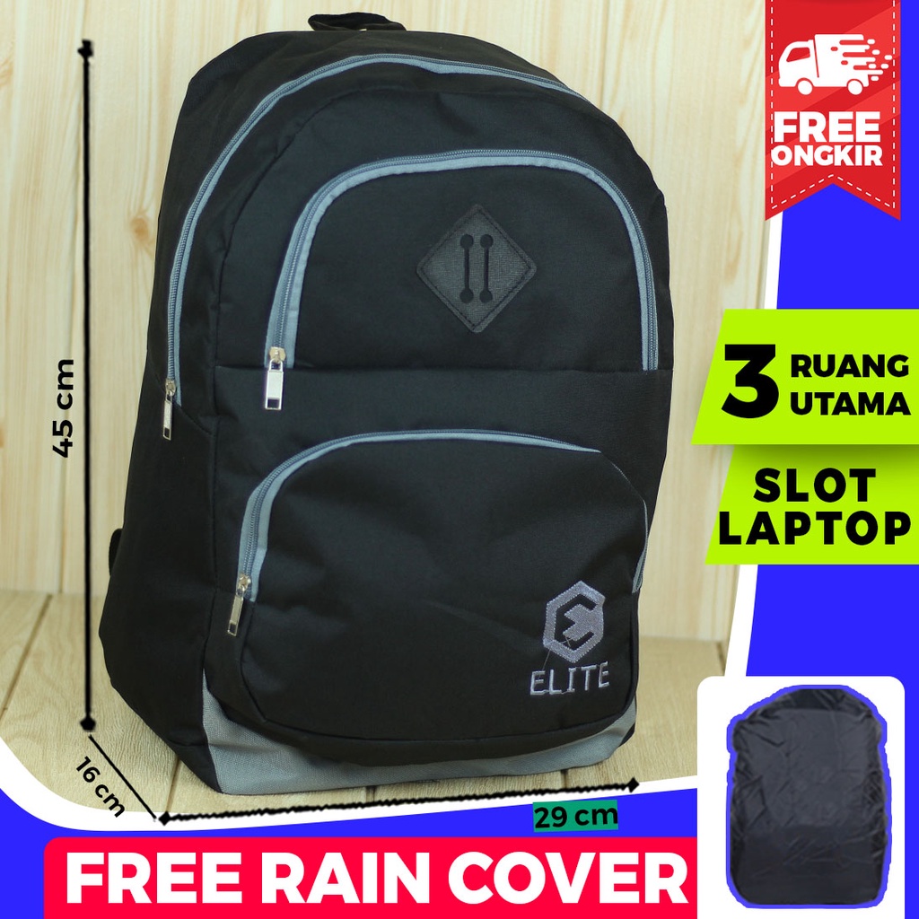 Tas Ransel Elite Distro Hitam Back Pack Cowok Cewek Unisex Trendy Kece Fashionable Awet Berkualitas