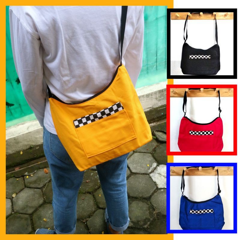 Slingbag Kanvas Medium Kotak-Kotak /Tas Selempang Universal Pria dan Wanita