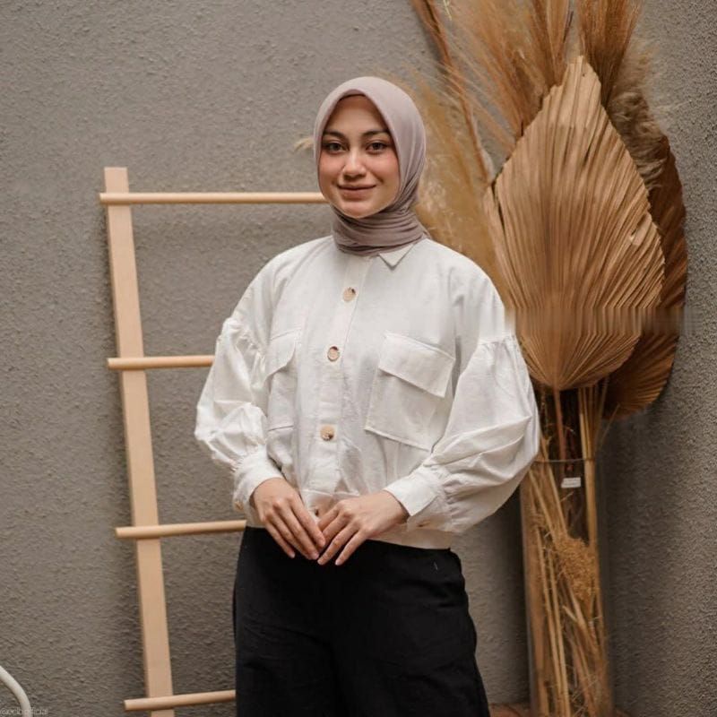Minvina Shirt Crop Oversized Outer Linen | Outer Bigsize Wanita Lengan Balon | Busana wanita