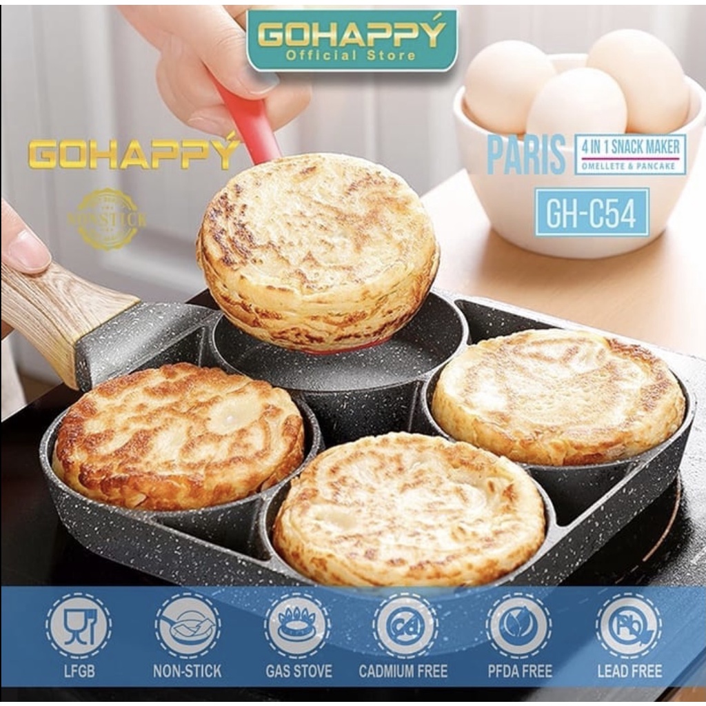 Frypan 4 in 1 Marble Coating- OMELETTE PAN GOHAPPY | Panci Cetakan kue breakfast 4 in 1 telur mie pancake paris