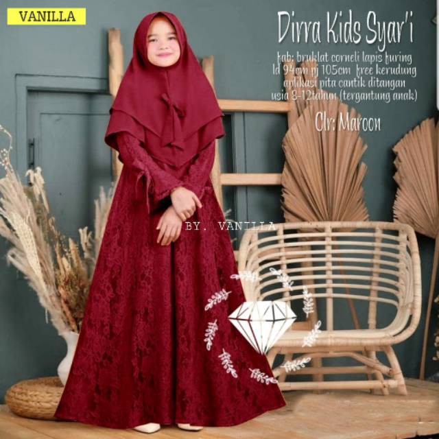 DIRRA SYARI KIDS Bahan Moscrepe Brukat Mix Full Brukat (Dapat Gamis+Kerudung) Baju Muslim Anak Simpl