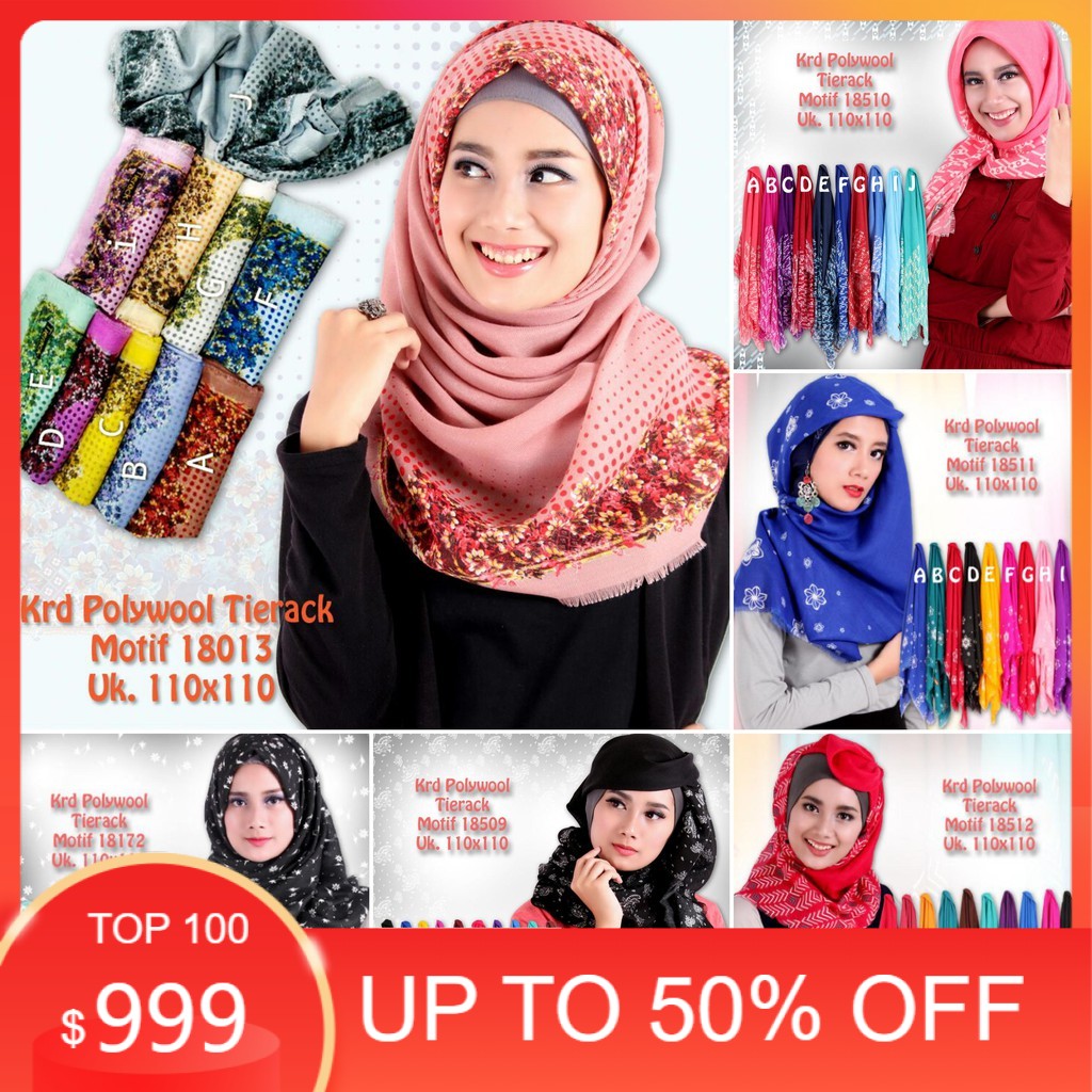 MURAH Jilbab Tierack Motif RANDOM | Kerudung segi empat | Hijab polywoll 100%ORI