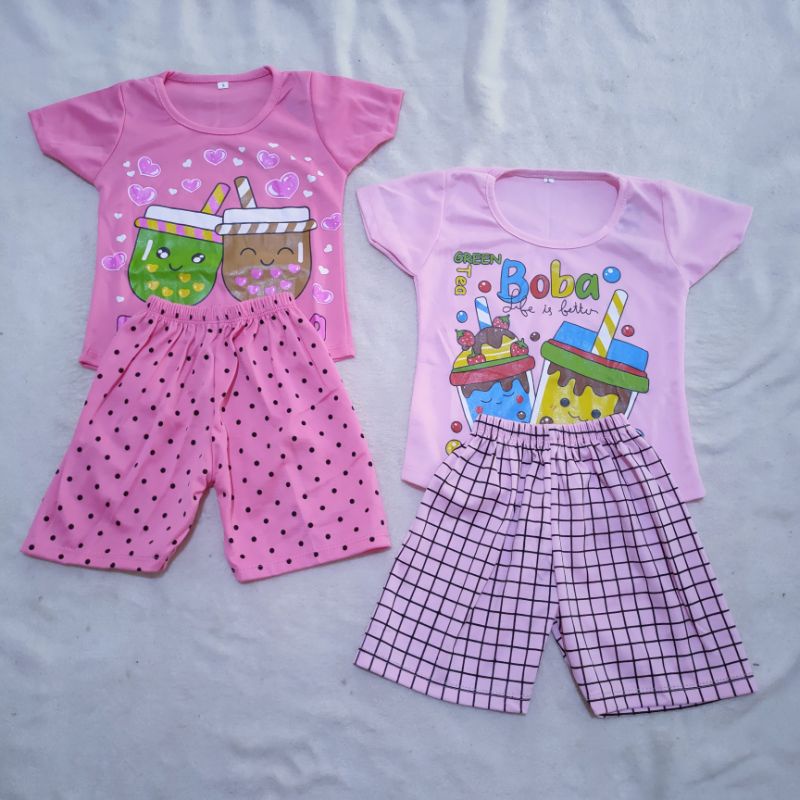 Setelan anak 1 2 Tahun cewek perempuan kotak polka setelan pendek (Boba Drink)