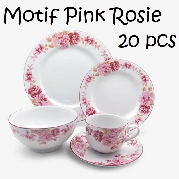 Dinner Set | Piring Set Keramik | Motif | Pink Rossie 20 Pcs