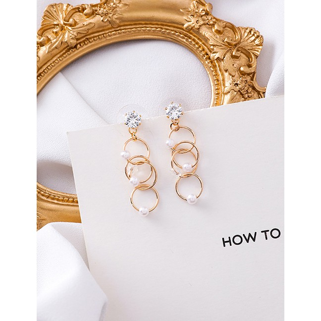 LRC Anting Tusuk Fashion Gold 925 Silver Needle Circle Pearl Crystal Earrings F48440