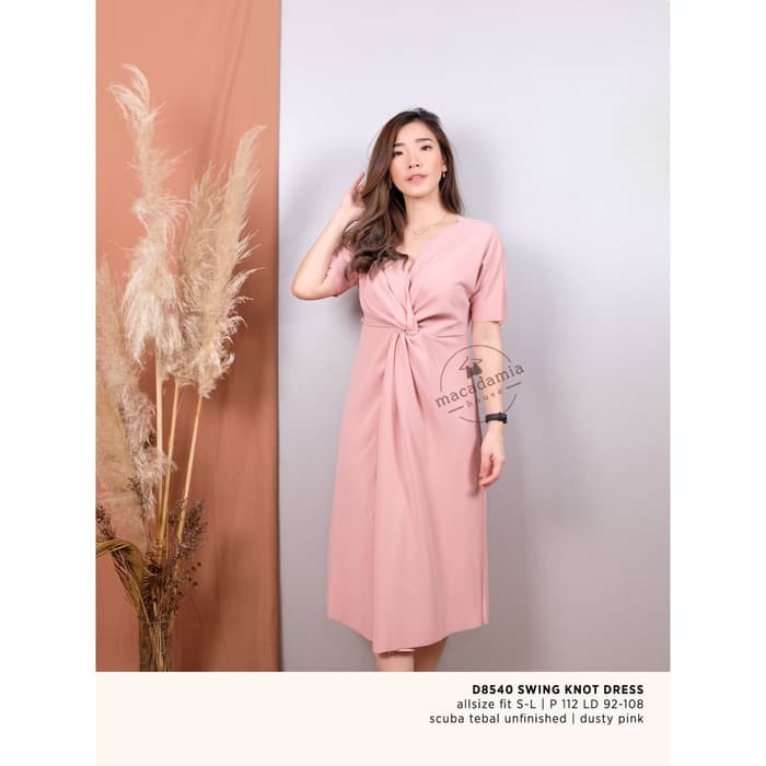 Long Dress Wanita Korea Longgar O-neck Lengan Panjang Dress Korean D8540 SWING KNOT DRESS - Nu 25DOE