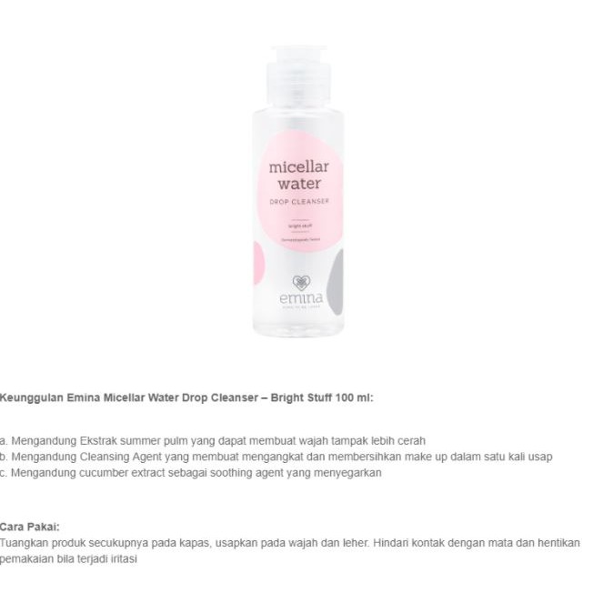 Emina Micellar Water Drop Cleanser Bright Stuff | All Skin Types 100ml