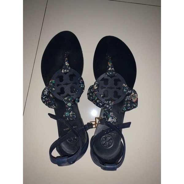 LIKE NEW SEPATU TORY BURCH BLACK FLORAL FLAT  SHOES BRANDED AUTHENTIC ORIGINAL TB SANDAL SECOND BEKA