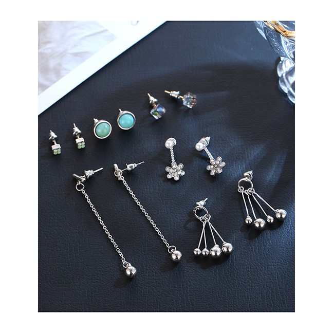 LRC Anting Tusuk Fashion Silver Color Balls&amp;flowers Decorated Pure Color Earrings