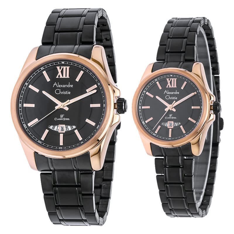 ALEXANDRE CHRISTIE AC 8473 BLACK ROSEGOLD JAM TANGAN COUPLE ORIGINAL