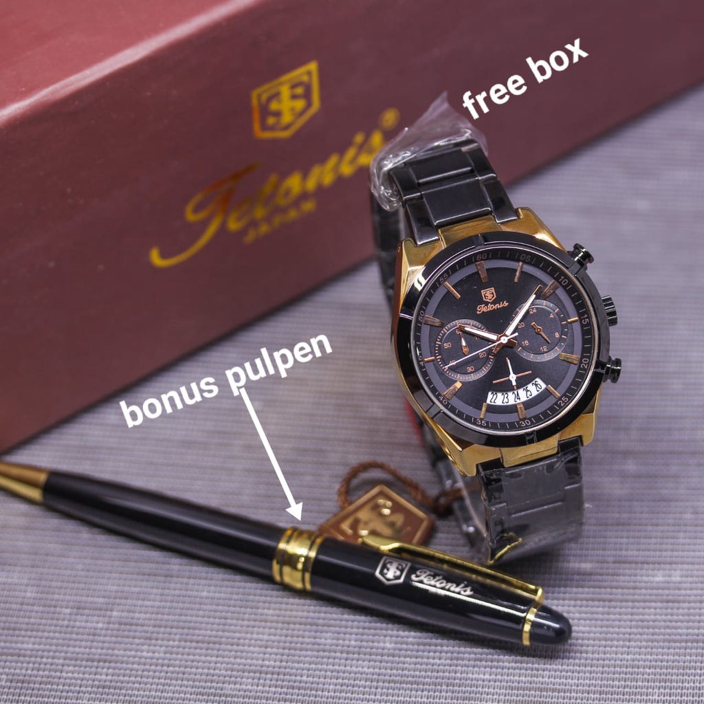 Jam Tangan Pria Tetonis Original E52352V Dual Time Tali Rantai Tanggal Hari Aktif Free Box Exclusive Pulpen &amp; Baterai