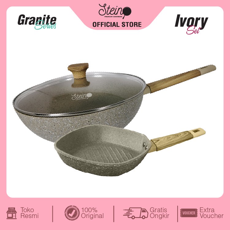 Wok Pan 30cm Steincookware Paket IVORY Set Grill Pan 20cm Stein Onyx Penggorengan Stein Cookware Panggangan Induksi Presto