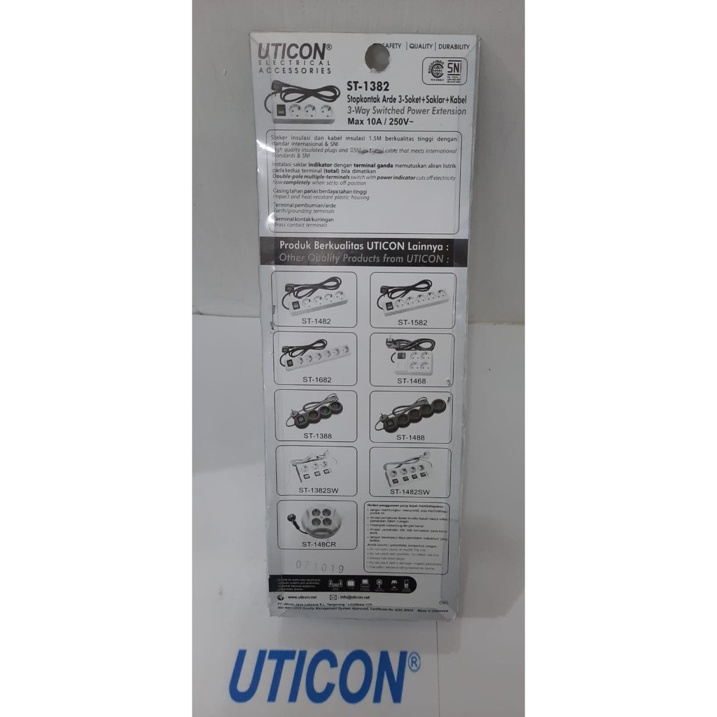 STOP KONTAK 3 LUBANG SAKLAR ON OFF + KABEL 1.5M UTICON ST-1382