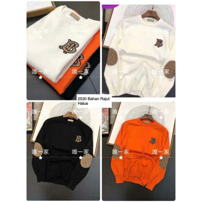 SWEATER BURBERRY RAJUT VARIAN PUTIH ORANGE HITAM LOGO BORDIR IMPORT
