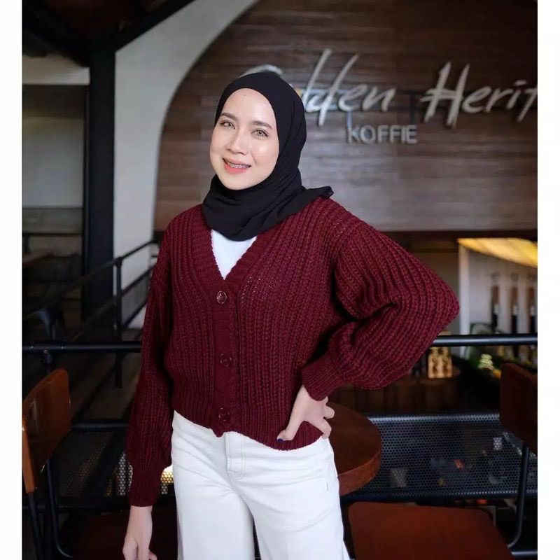 ELLENA BASIC OUTWEAR / MIDI KARDIGAN / KARDIGAN RAJUT PREMIUM / BASIC CARDIGAN-Maroon
