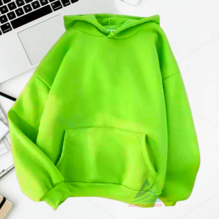 Sweater Hijau Mint Flecee Unisex Hoodie Wanita Mint Polos Hoodie Pria - Hijau Neon, M Stok Terbatas