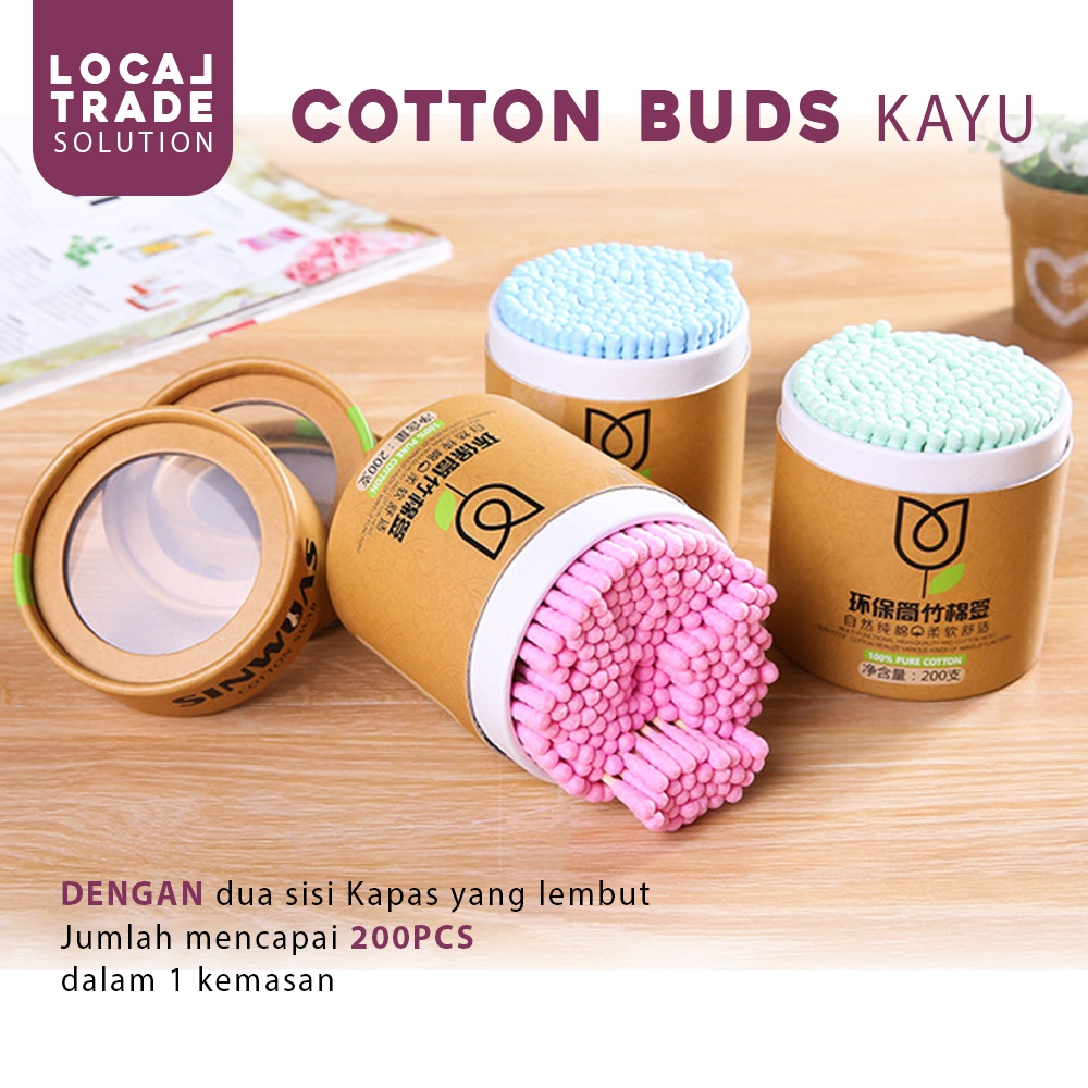 Cotton Bud Korek Kuping 200 PCS Katembat Pembersih Telinga Kayu Ear Pick Spiral Cutton Bud Kapas Warna Warni