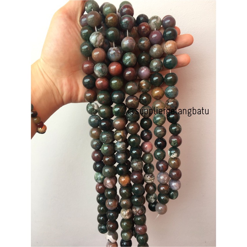 bahan gelang kalung 16mm INDIA AGATE glossy bloodstone hijau mix rare craft fashion aksesoris trend