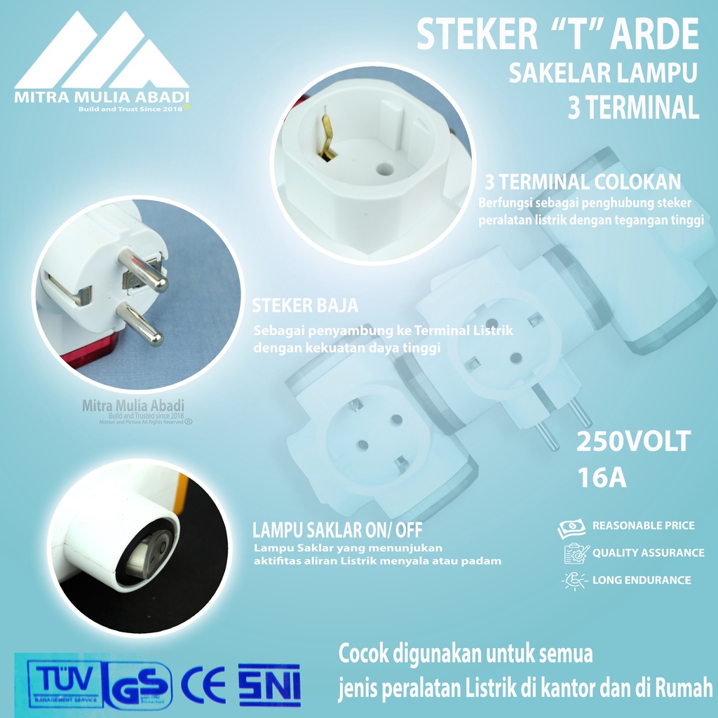 STEKER T ARDE DAN SAKLAR adaptor 3 lubang 912SK LOYAL- 250v 16a