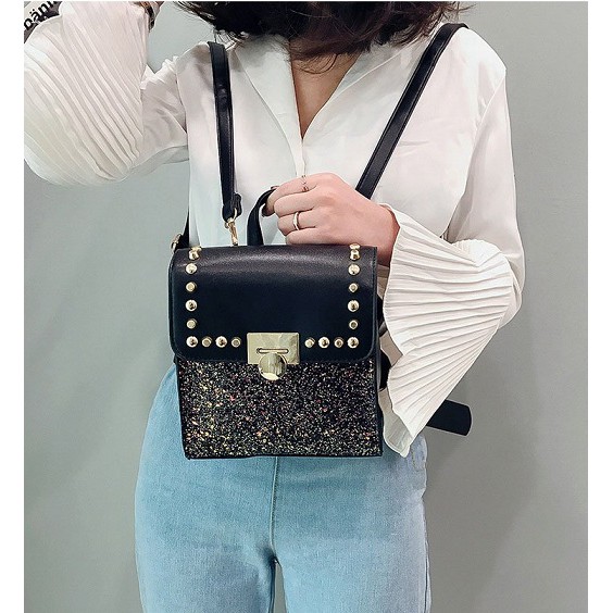 tas ransel backpack hitam disko kilat wanita premium model branded bag