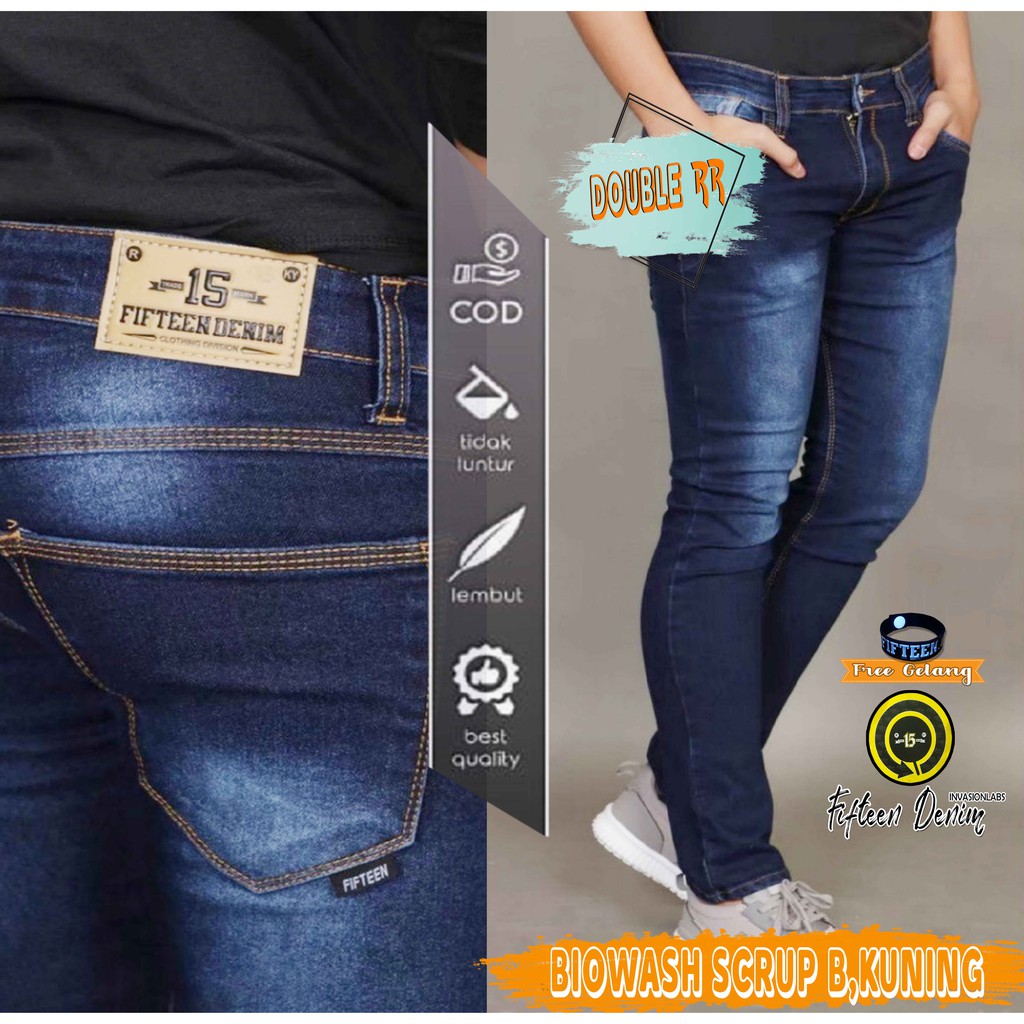 FIFTEEN DENIM - Celana Jeans Pria Slim Fit Streetch Original New Fifteen Denim / Celana Pria Jeans BIOWASH SCRUP B,KUNING