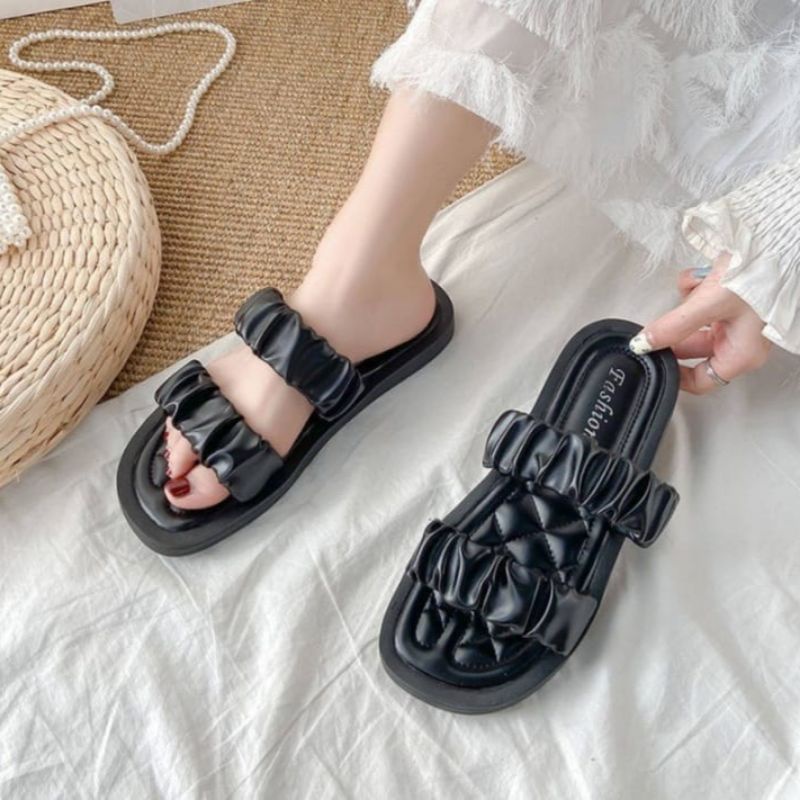 Sandal Wanita Korea Kerut Kekinian - Sandal Santai Wanita