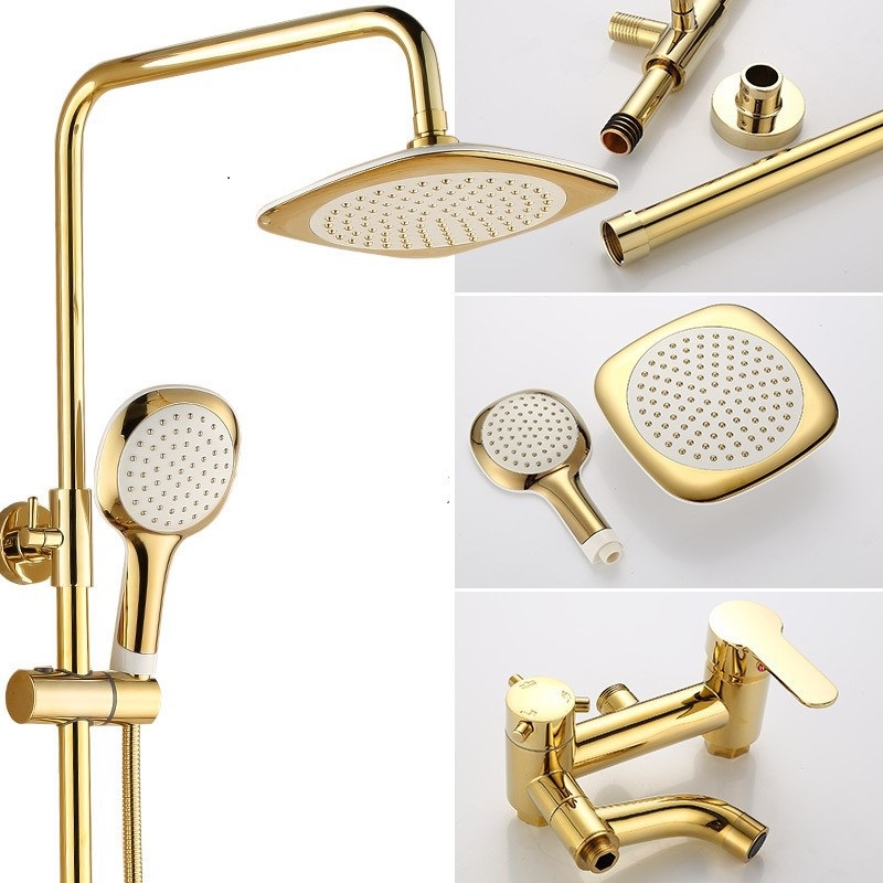 Shower set kamar mandi warna emas kuningan keran shower gold air panas dingin dengan kepala pancuran curah hujan 8 inci dan hand shower gold / Hot European Style Golden Copper Body Rain Faucet Kamar Mandi Shower Set