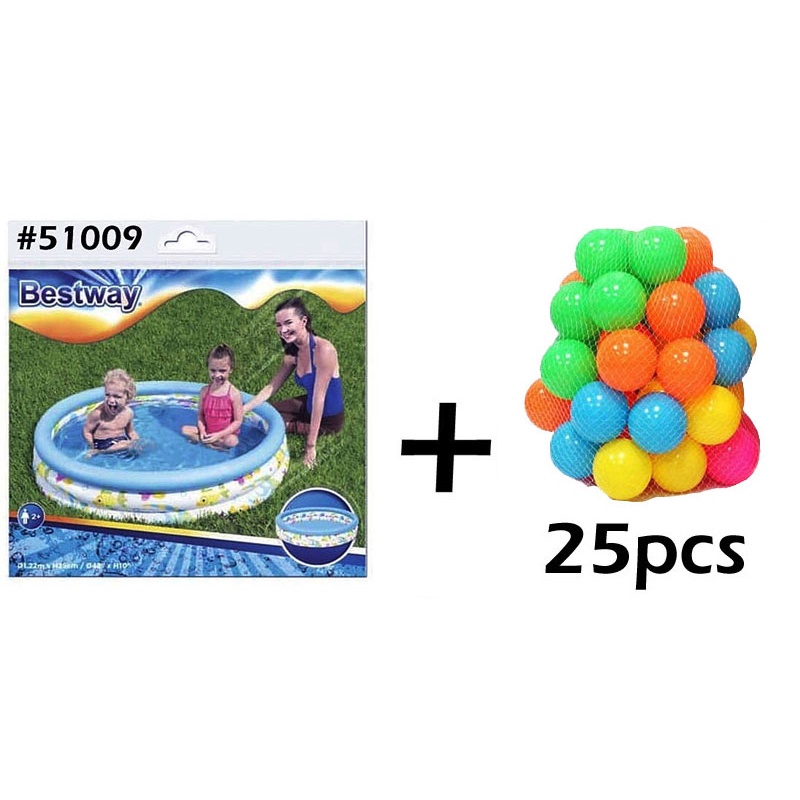 Bestway 51009, 51008 Kolam Renang Anak dan Bayi Ocean Life - Paket Kolam Mandi Bola 122 cm x 25 cm-51009 + Bola 25 pcs
