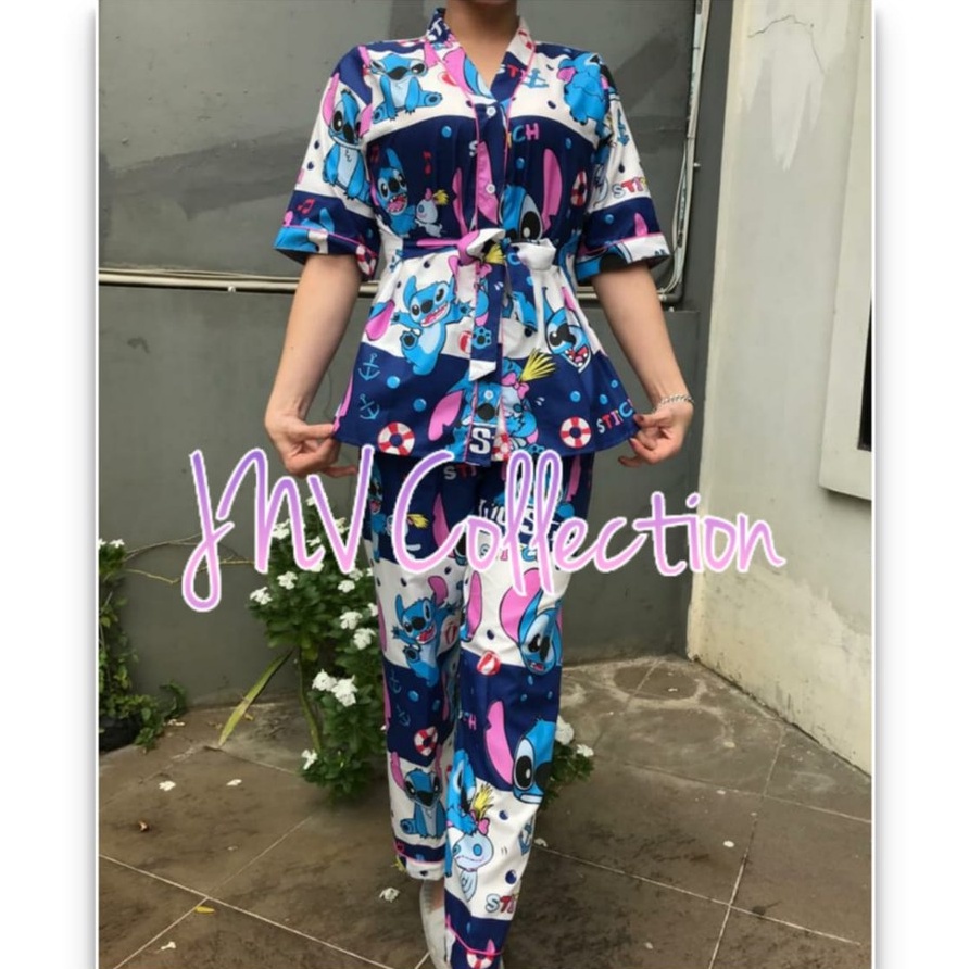 JNV Setelan Kimono CP Wanita Motif Karakter Kartun - Baju Tidur Kimono Lengan Pendek - Bahan Katun-Stitch Salur Navy
