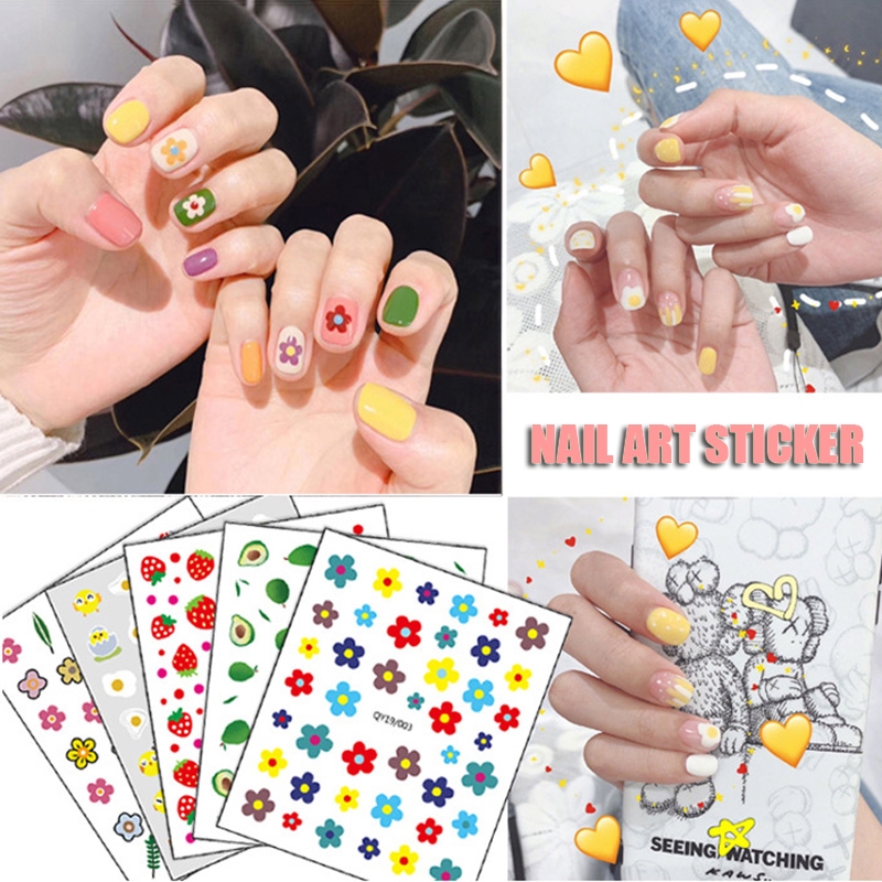 Qy19/001-018 Stiker Nail Art Motif Kartun Bunga/Hewan/Buah/Pelangi/Smiley Untuk Manicure Anak/Dewasa