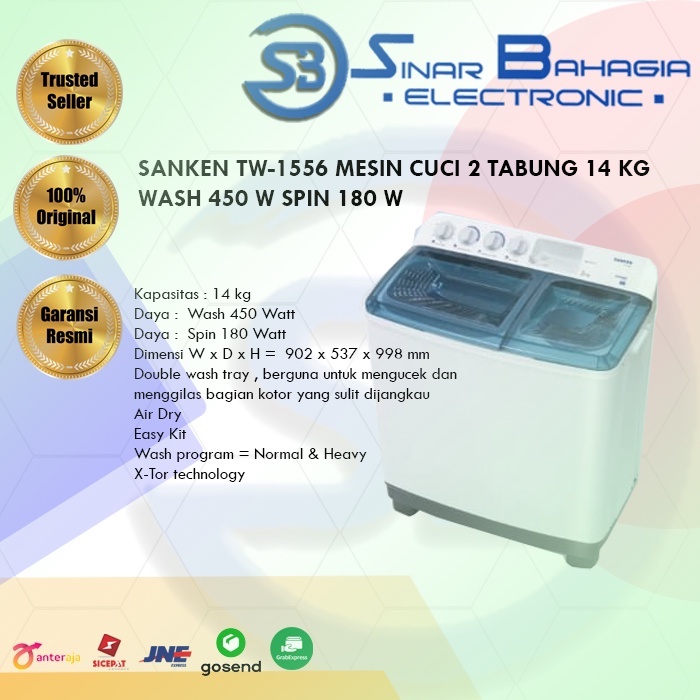 SANKEN TW-1556 MESIN CUCI 2 TABUNG 14 KG WASH 450 W SPIN 180 W (NEW) (KHUSUS BANDUNG)