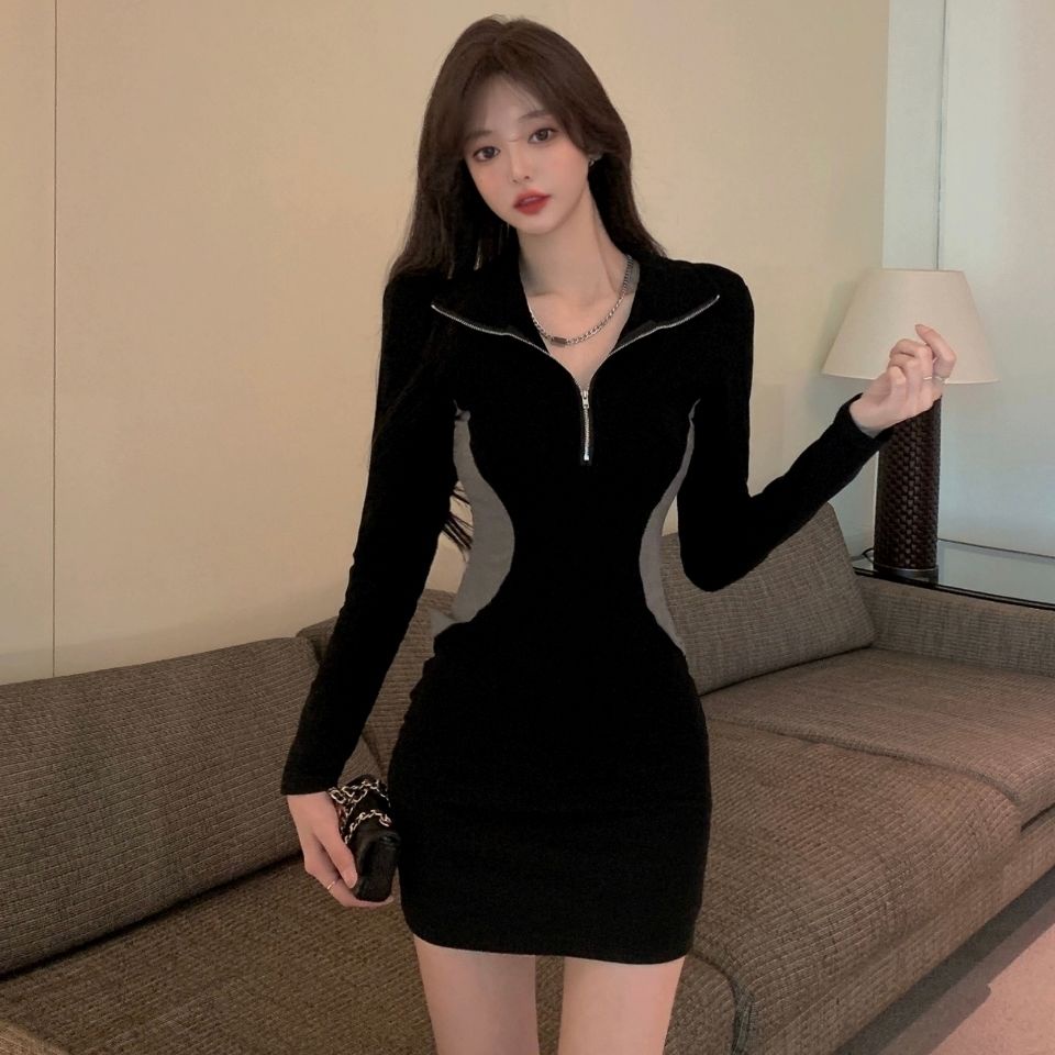 dress korean style sexy slim long sleeve hip dress women waist tight bottoming short skirt grey skir