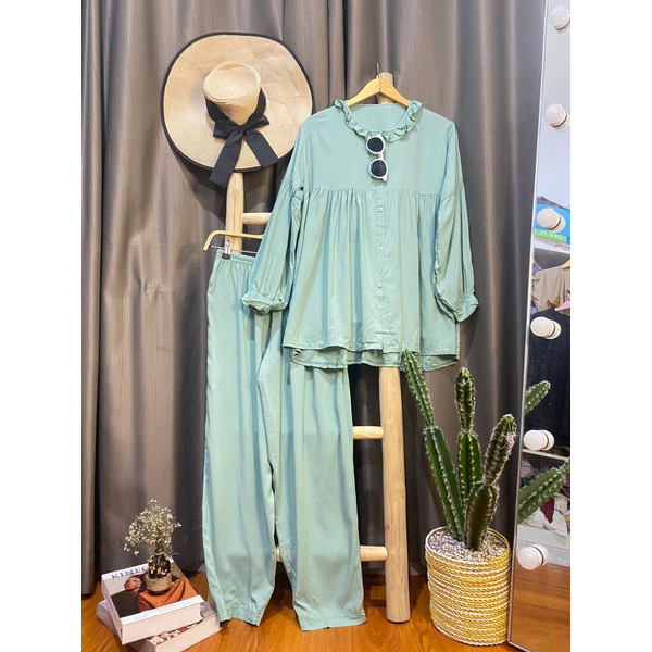 BEST SELLER | BISA COD | Daily set pejamas panjang premium busui - piyama lengan panjg rayon premium-Arabella mint