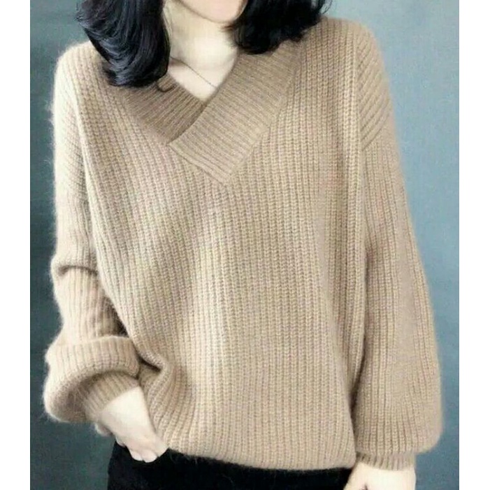 Sweater V Neck Sabrina Lengan Balon Tebal dan Rapat