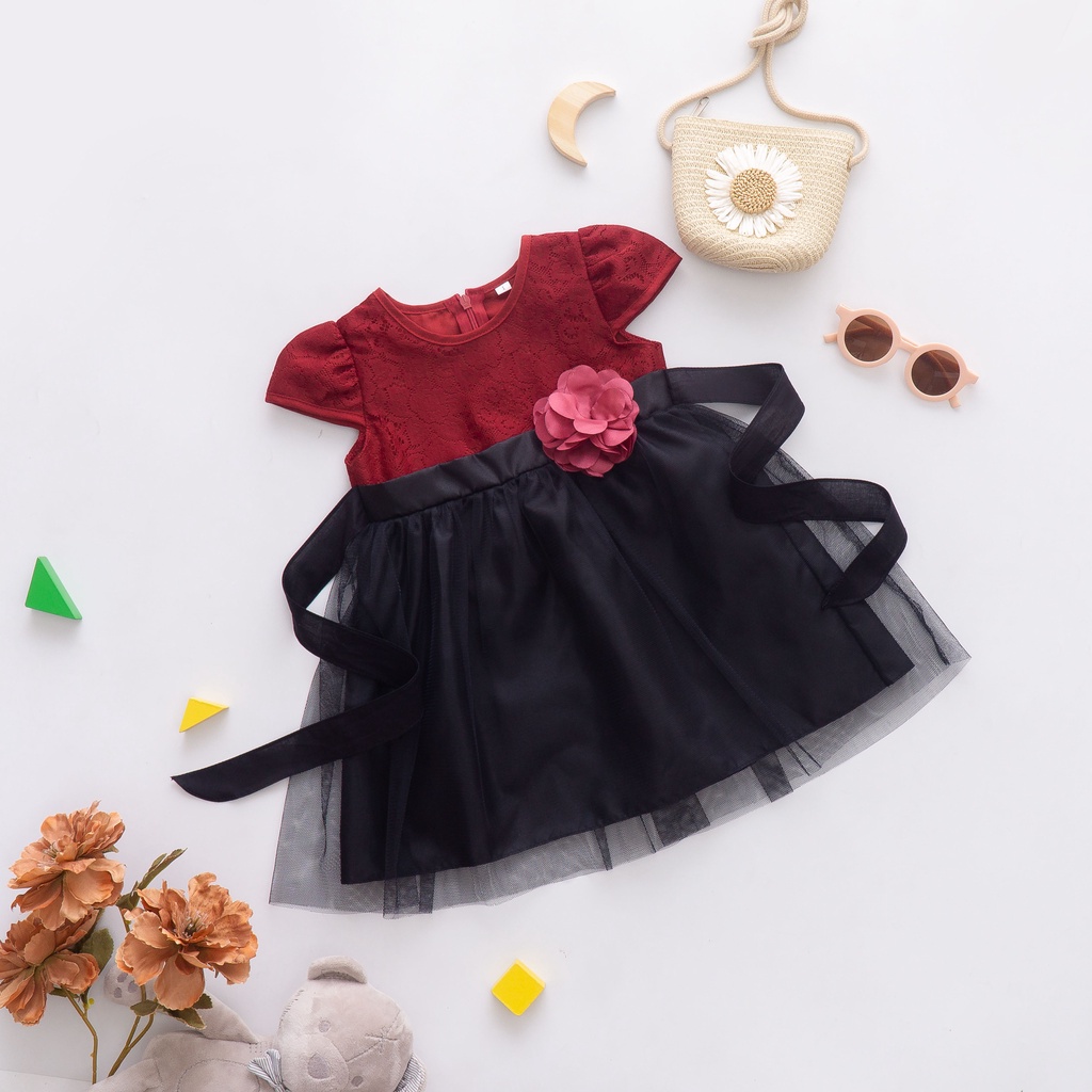 Jemico | Dress anak perempuan 1 tahun - 3 tahun brukat maroon tile hitam