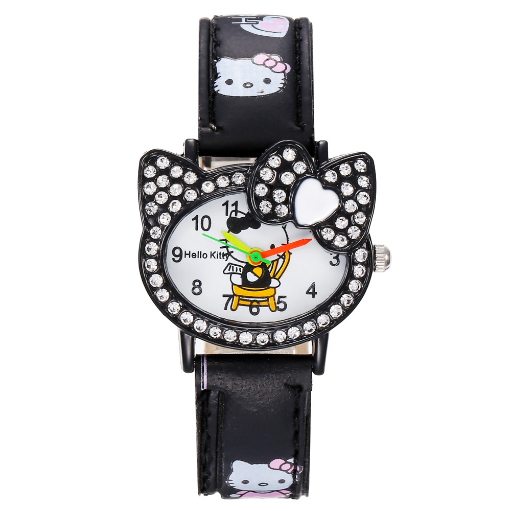 HELLO KITTY JAM TANGAN KULIT FASHION MURAH IMPOR HARGA GROSIR  JAM TANGAN MURAH CEWEK WATCH A22-hitam