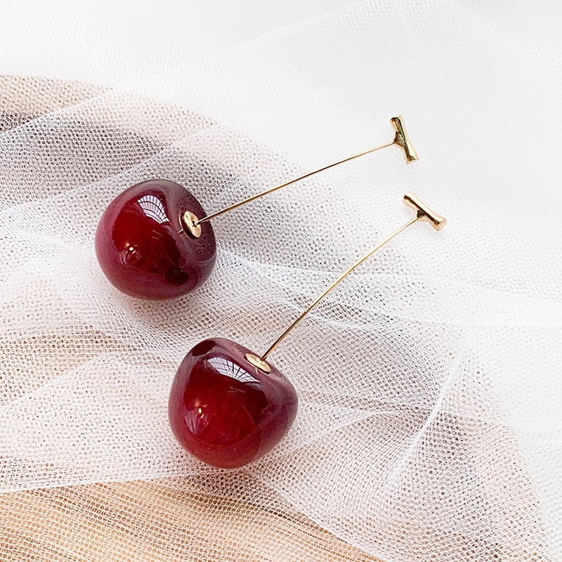 Anting Bentuk Cherry Merah Wine Bahan Resin Untuk Wanita