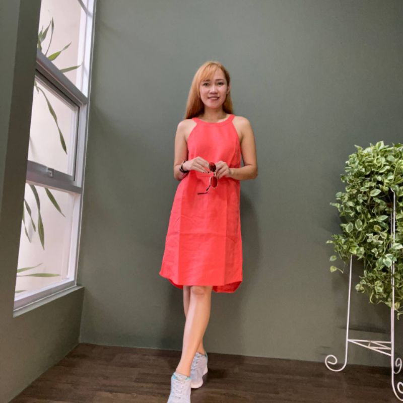 Dress Linen Orange - Midi Dress Tanpa Lengan - Halter Neck